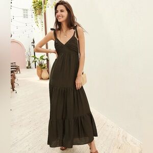 Tie Shoulder Tiered Maxi Dress Olive NWT